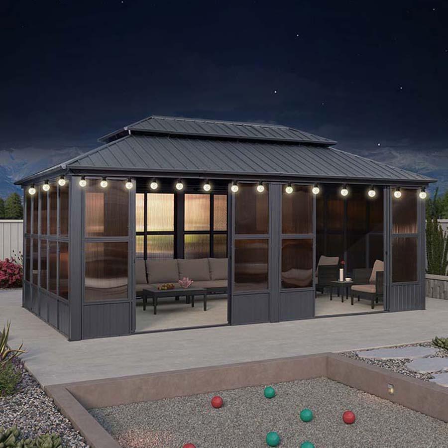 PURPLE LEAF Sunroom Hardtop Gazebo Solarium Grey Galvanized Steel Double Roof  All-Weather Aluminum Outdoor Screen House with String Lights