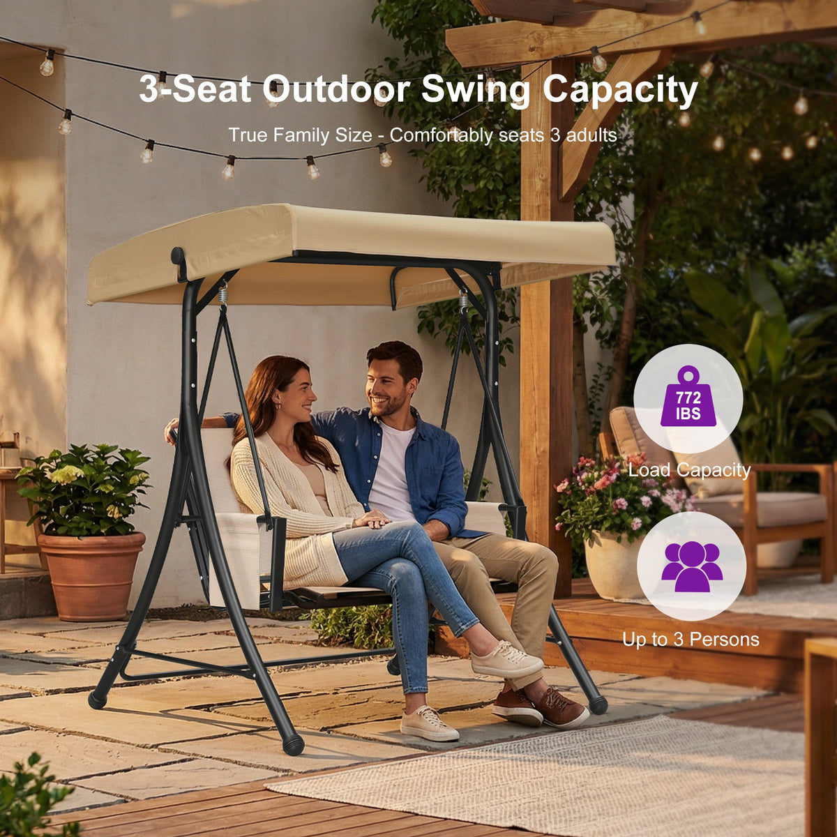PURPLE LEAF Porch Swing with Adjustable Tilt Canopy Patio Swing with Stand and Meatl Steel Frame All-Weather Outdoor Swing Chair Seat Space-Saving for Backyard Garden Deck