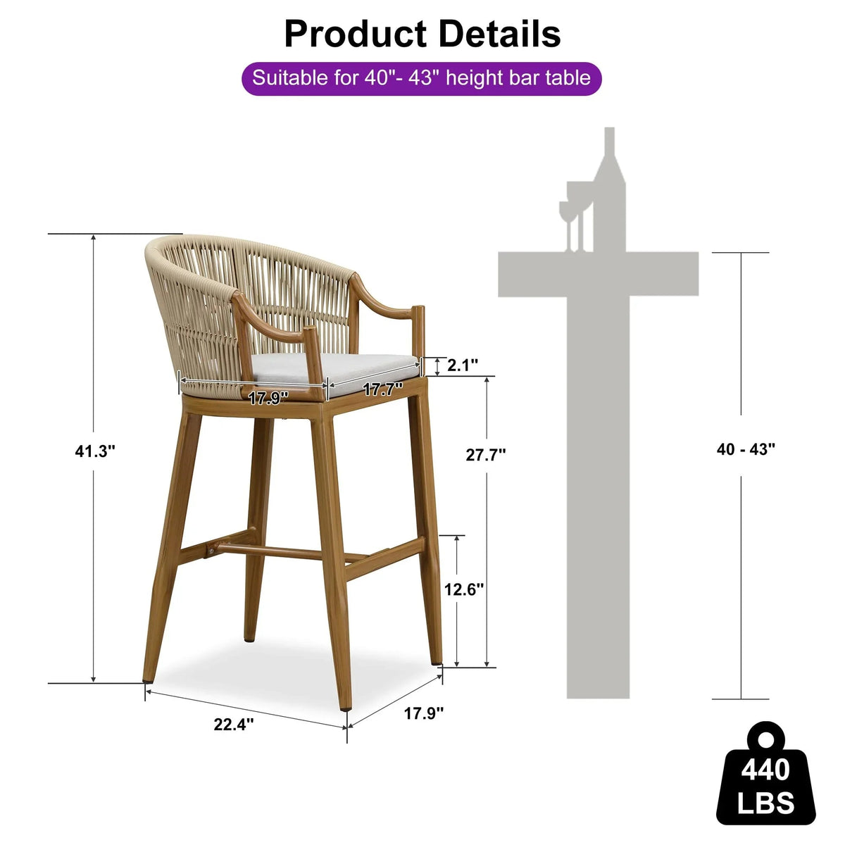 PURPLE LEAF Patio Bar Stools Set of 2 Outdoor Wicker Modern High Bar Chairs Metal Cushioned Barstools with Backs and Ergonomic Armrest
