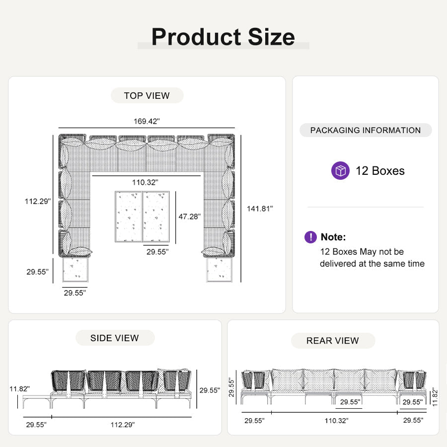 PURPLE LEAF Sicilia U-Shaped Modular Outdoor Sectional with Oatmeal Greige Cushions Flexible Layout for Porch Backyard