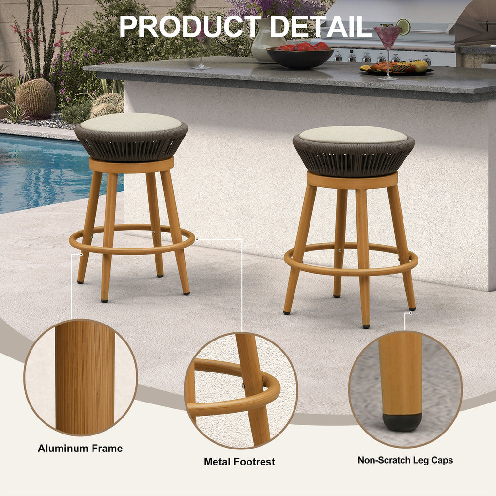PURPLE LEAF Outdoor Swivel Bar Stools Set of 2 Metal Modern Rattan Bar Chairs with Backrest Aluminum Woven Barstools with Cushions