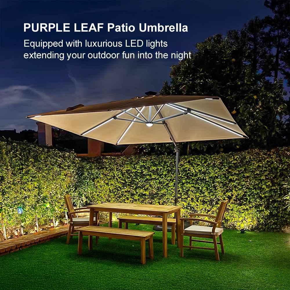 PURPLE LEAF – Parasol de terrasse déporté 10ft avec éclairage LED, rotation 360° et inclinaison