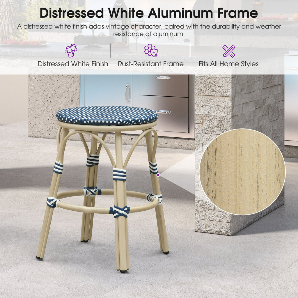 PURPLE LEAF Patio French Round Counter Stool Set of 2 Rattan Backless Stackable Barstools Aluminum Frame Footrest with Woven Wicker for Outdoor Kitchen Yard