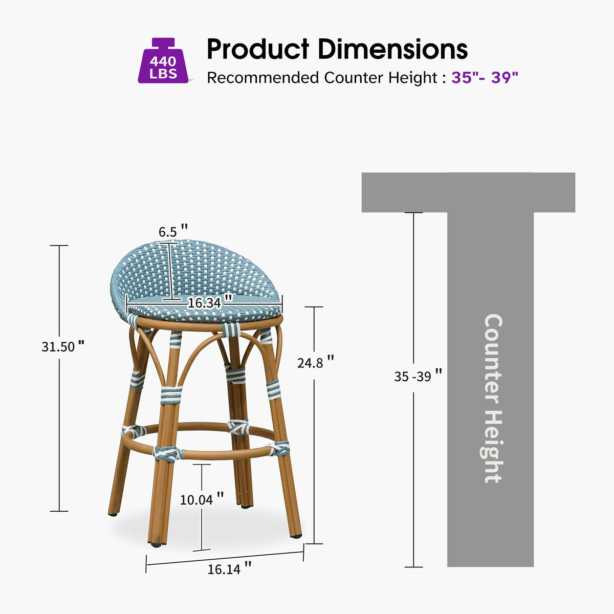 PURPLE LEAF Patio Oversized Backrest Bar Height Stool Set of 2 Outdoor Round Barstools Aluminum Frame Woven Rattan for Indoor Kitchen Dining Bistros Cafe Restaurant