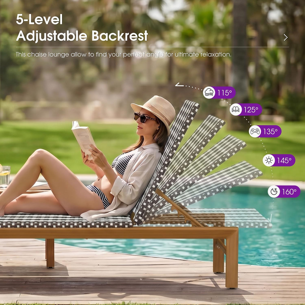 PURPLE LEAF Outdoor Teak Chaise Lounge Chair, Wood Grain Aluminum Outdoor Pool Lounge Chairs with Adjustable Backrest, Breathable Recliner for Patio, Poolside, Garden