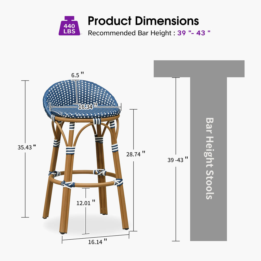 PURPLE LEAF Patio Oversized Backrest Bar Height Stool Set of 2 Outdoor Round Barstools Aluminum Frame Woven Rattan for Indoor Kitchen Dining Bistros Cafe Restaurant