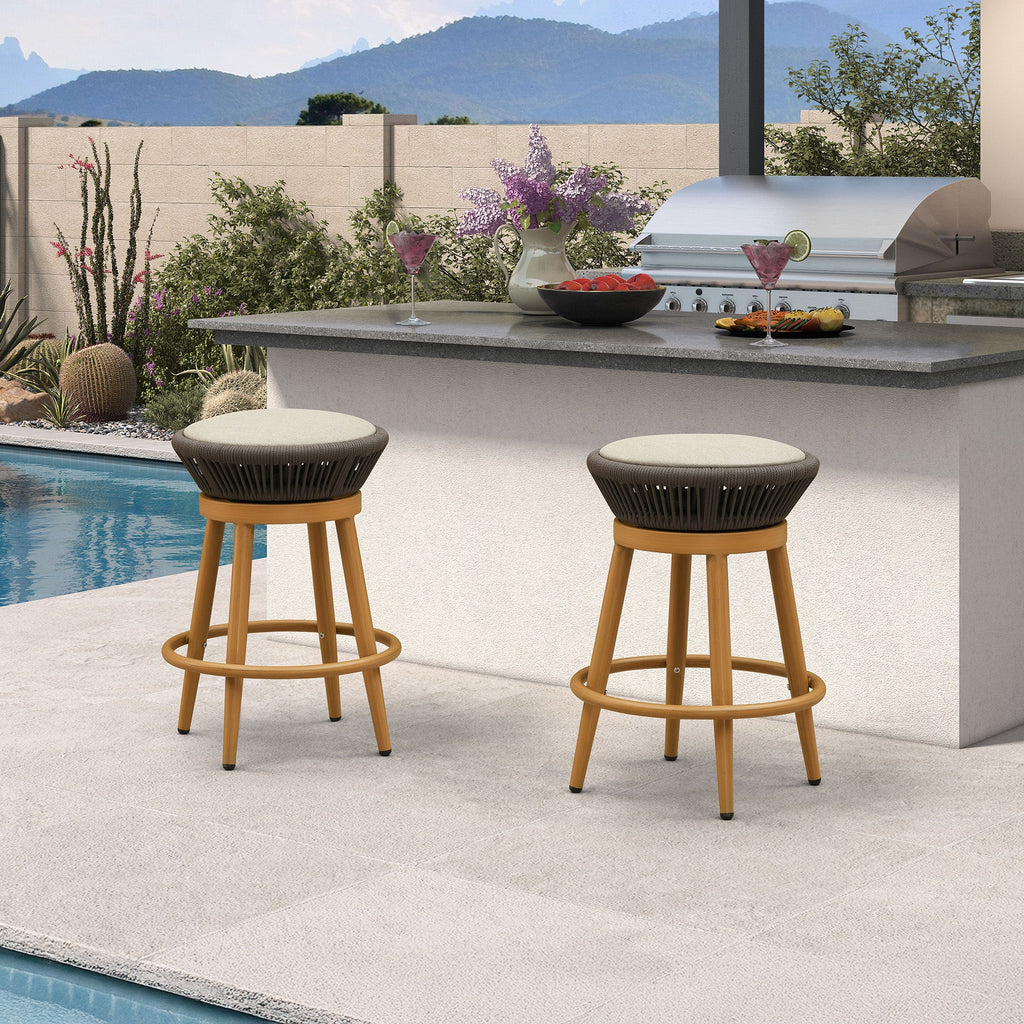 PURPLE LEAF Outdoor Swivel Bar Stools Set of 2 Metal Modern Rattan Bar Chairs with Backrest Aluminum Woven Barstools with Cushions