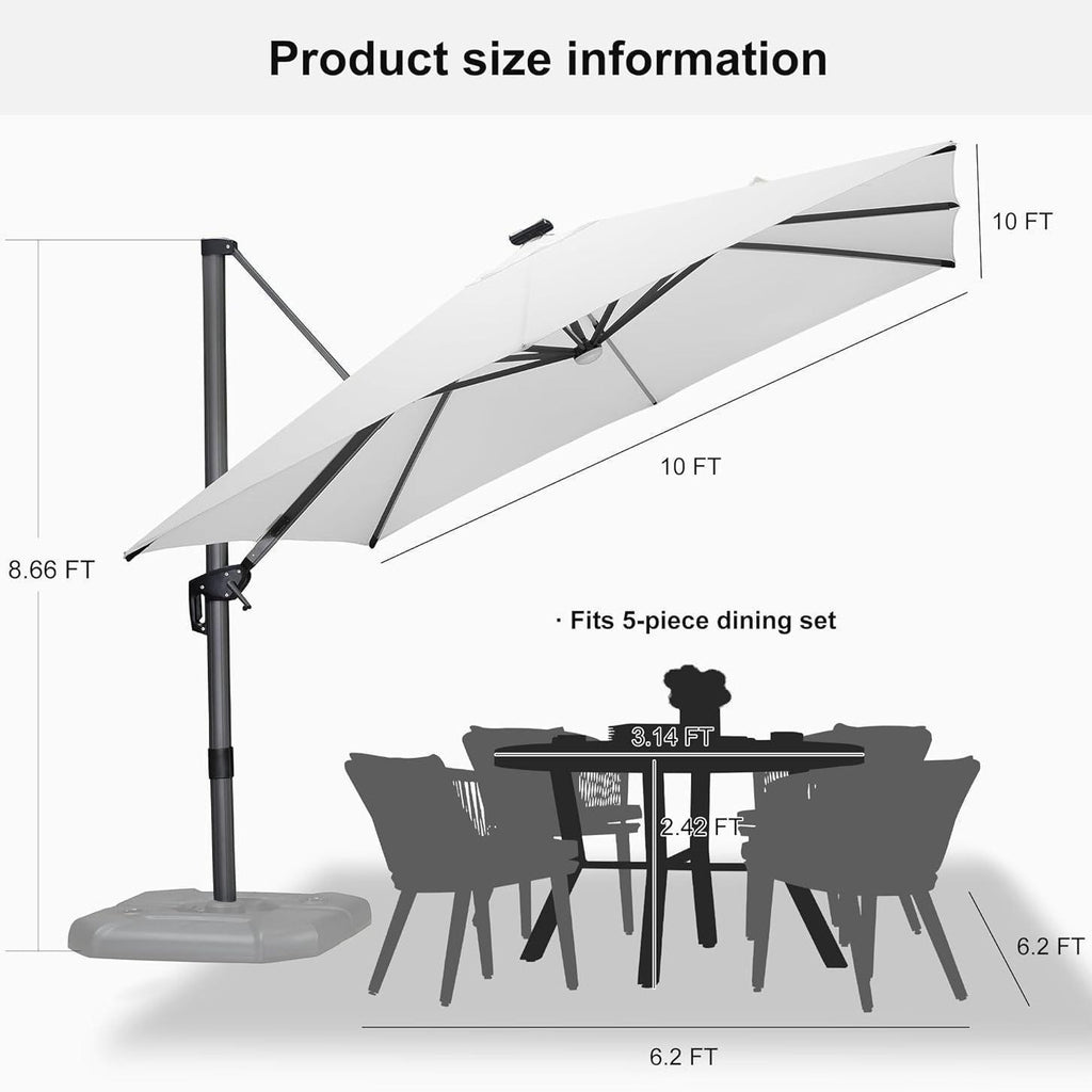 PURPLE LEAF – Parasol de terrasse déporté 10ft avec éclairage LED, rotation 360° et inclinaison