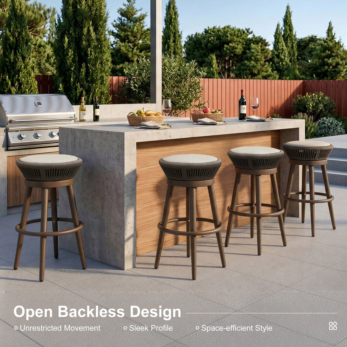 PURPLE LEAF Outdoor Swivel Bar Stools Set of 2 Metal Modern Rattan Bar Chairs with Backrest Aluminum Woven Barstools with Cushions