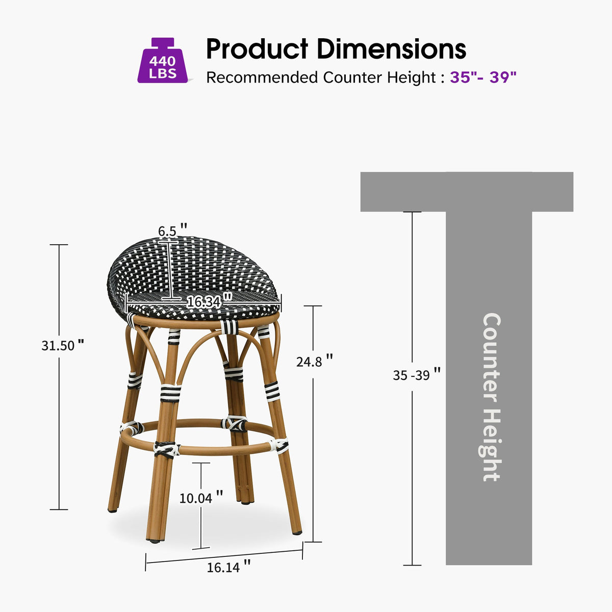 PURPLE LEAF Patio Oversized Backrest Bar Height Stool Set of 2 Outdoor Round Barstools Aluminum Frame Woven Rattan for Indoor Kitchen Dining Bistros Cafe Restaurant