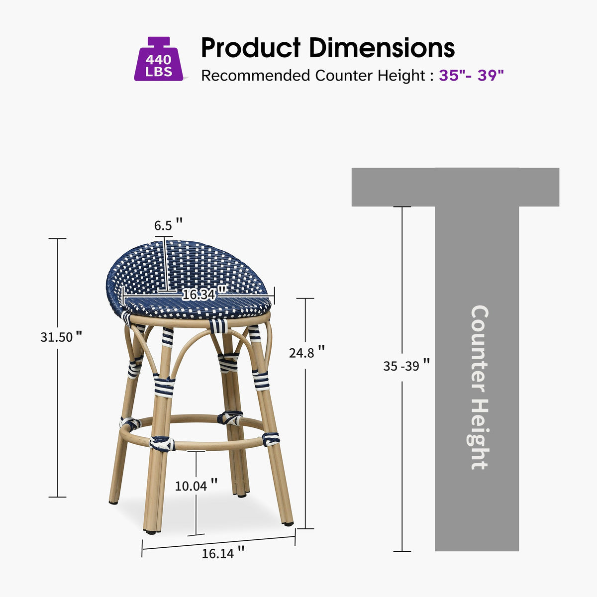 PURPLE LEAF Patio Oversized Backrest Bar Height Stool Set of 2 Outdoor Round Barstools Aluminum Frame Woven Rattan for Indoor Kitchen Dining Bistros Cafe Restaurant