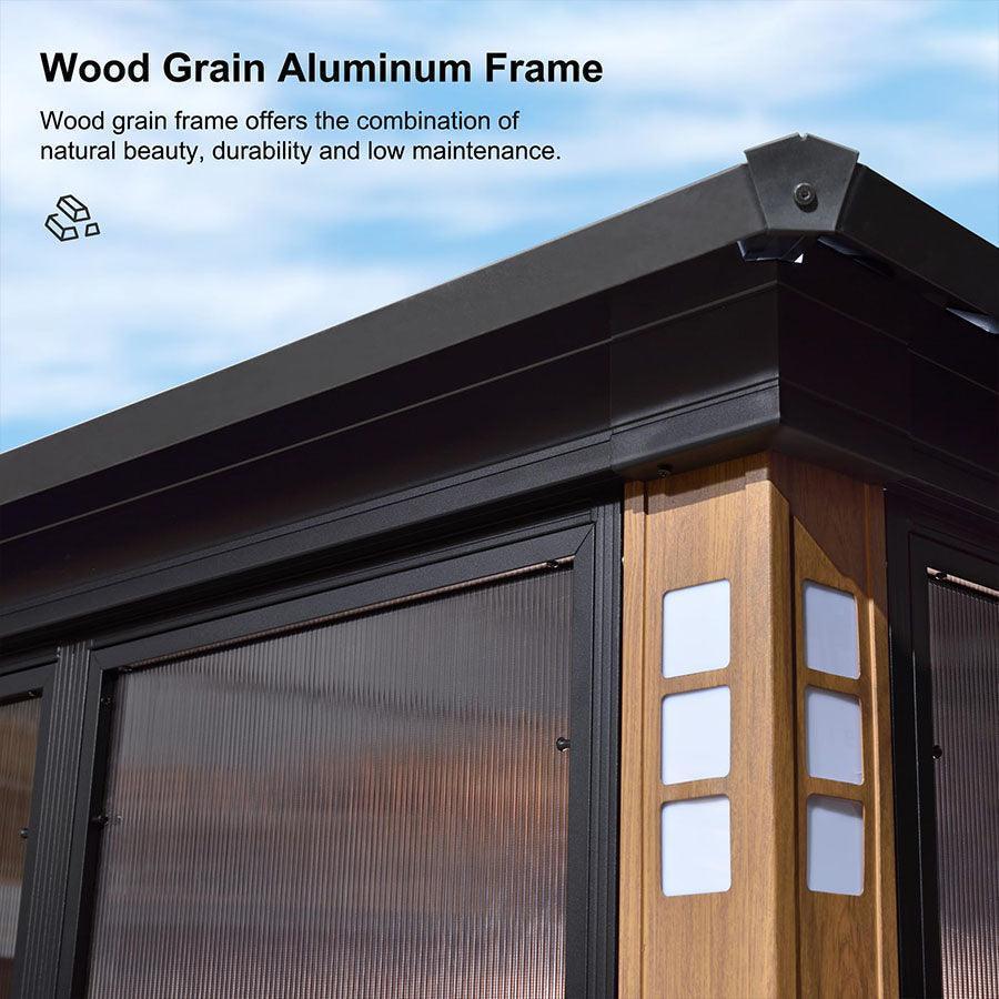PURPLE LEAF Sunroom Hardtop Gazebo with Wood Grain Columns Black Frame Double Roof Galvanized Steel Solarium All-Weather Screen House with String Lights