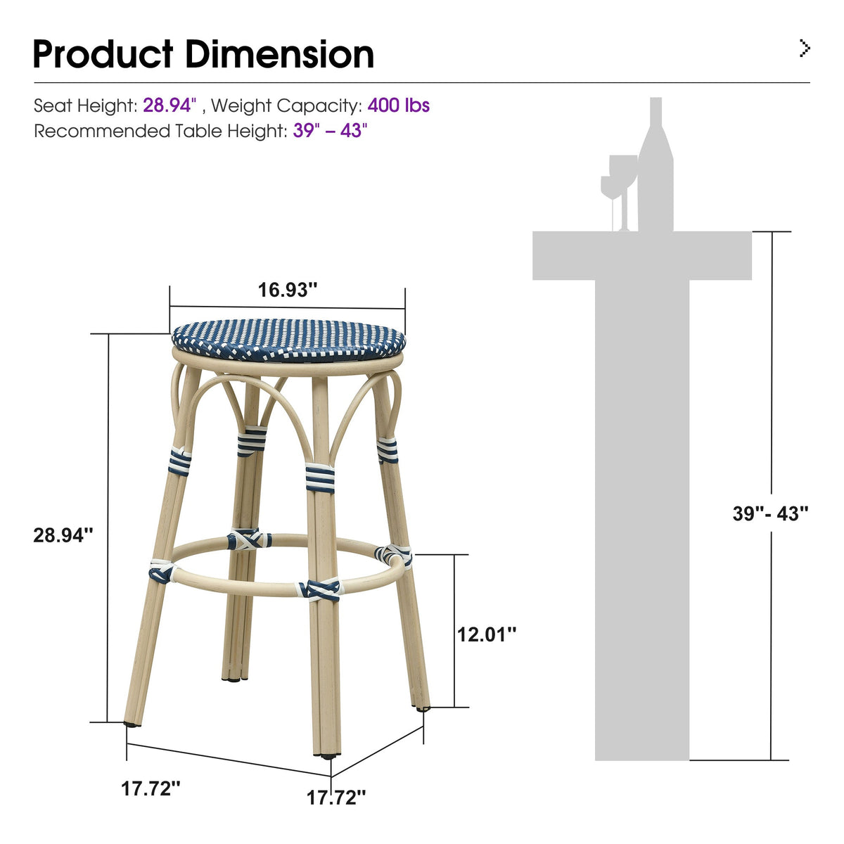 PURPLE LEAF Patio French Round Counter Stool Set of 2 Rattan Backless Stackable Barstools Aluminum Frame Footrest with Woven Wicker for Outdoor Kitchen Yard