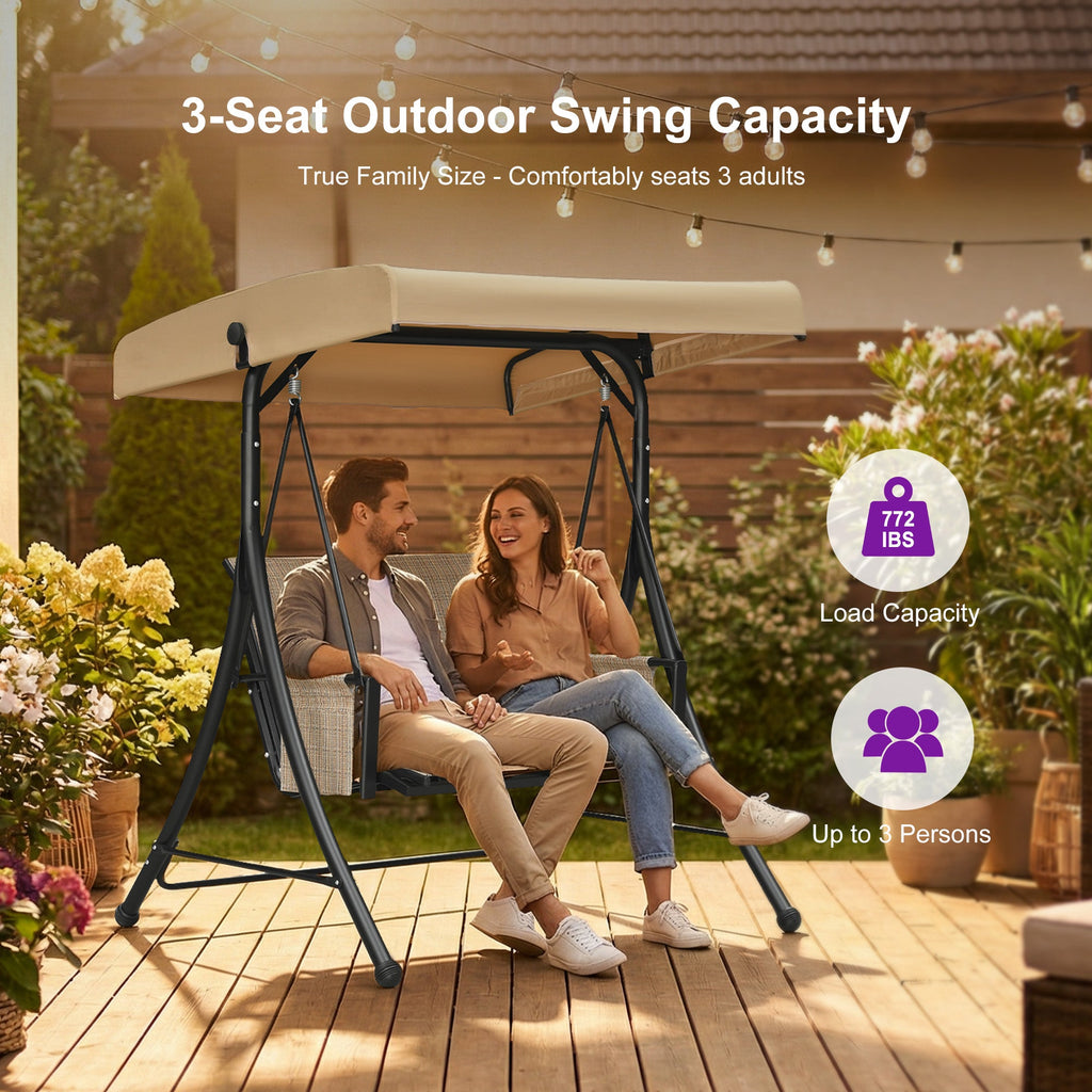 PURPLE LEAF Porch Swing with Adjustable Tilt Canopy Patio Swing with Stand and Meatl Steel Frame All-Weather Outdoor Swing Chair Seat Space-Saving for Backyard Garden Deck