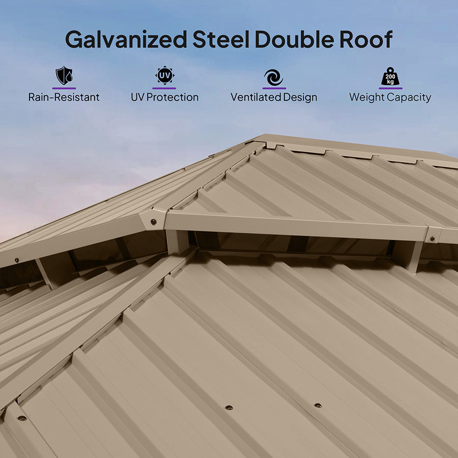 PURPLE LEAF Backyard Gazebo Champagne Hardtop Galvanized Steel Roof Awning and Upgrade Curtain with Lights-milky