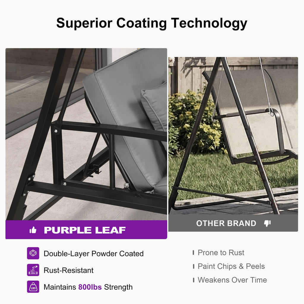 PURPLE LEAF Porch Swing with Adjustable Tilt Canopy Patio Swing with Stand and Meatl Steel Frame All-Weather Outdoor Swing Chair Seat Space-Saving for Backyard Garden Deck