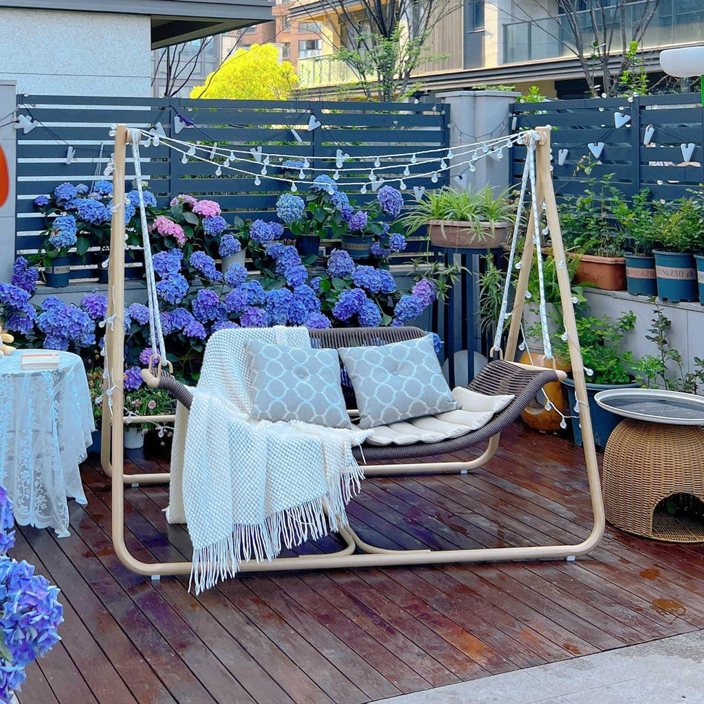 PURPLE LEAF Double Cloud Hanging Chair - Outdoor Patio Rattan Swing Chair with Cushion and Backrest.