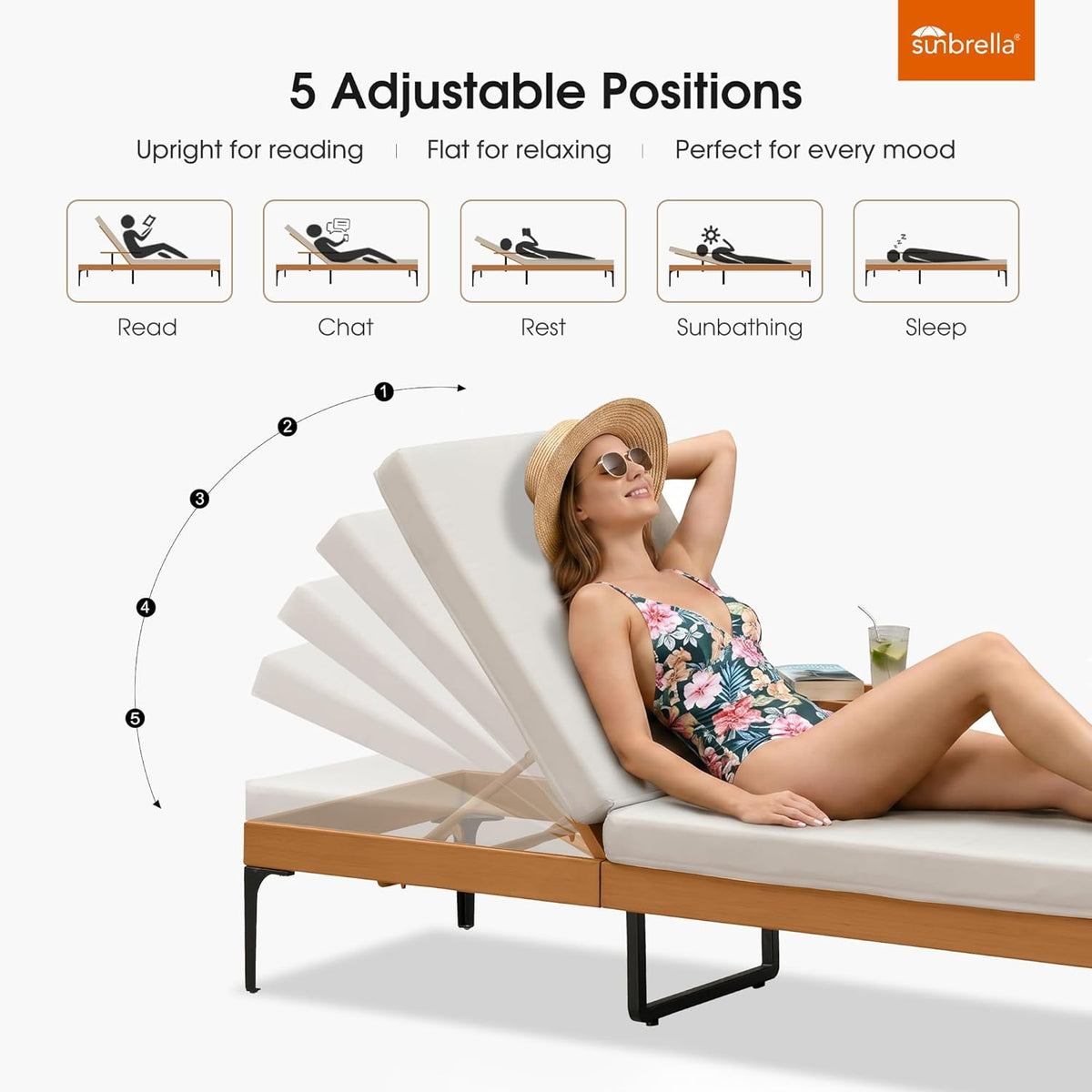PURPLE LEAF Outdoor Chaise Lounge Sunbrella Patio Lounge Chair Recliner and Cushion for Poolside Balcony Backyard