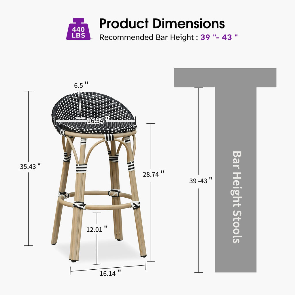PURPLE LEAF Patio Oversized Backrest Bar Height Stool Set of 2 Outdoor Round Barstools Aluminum Frame Woven Rattan for Indoor Kitchen Dining Bistros Cafe Restaurant