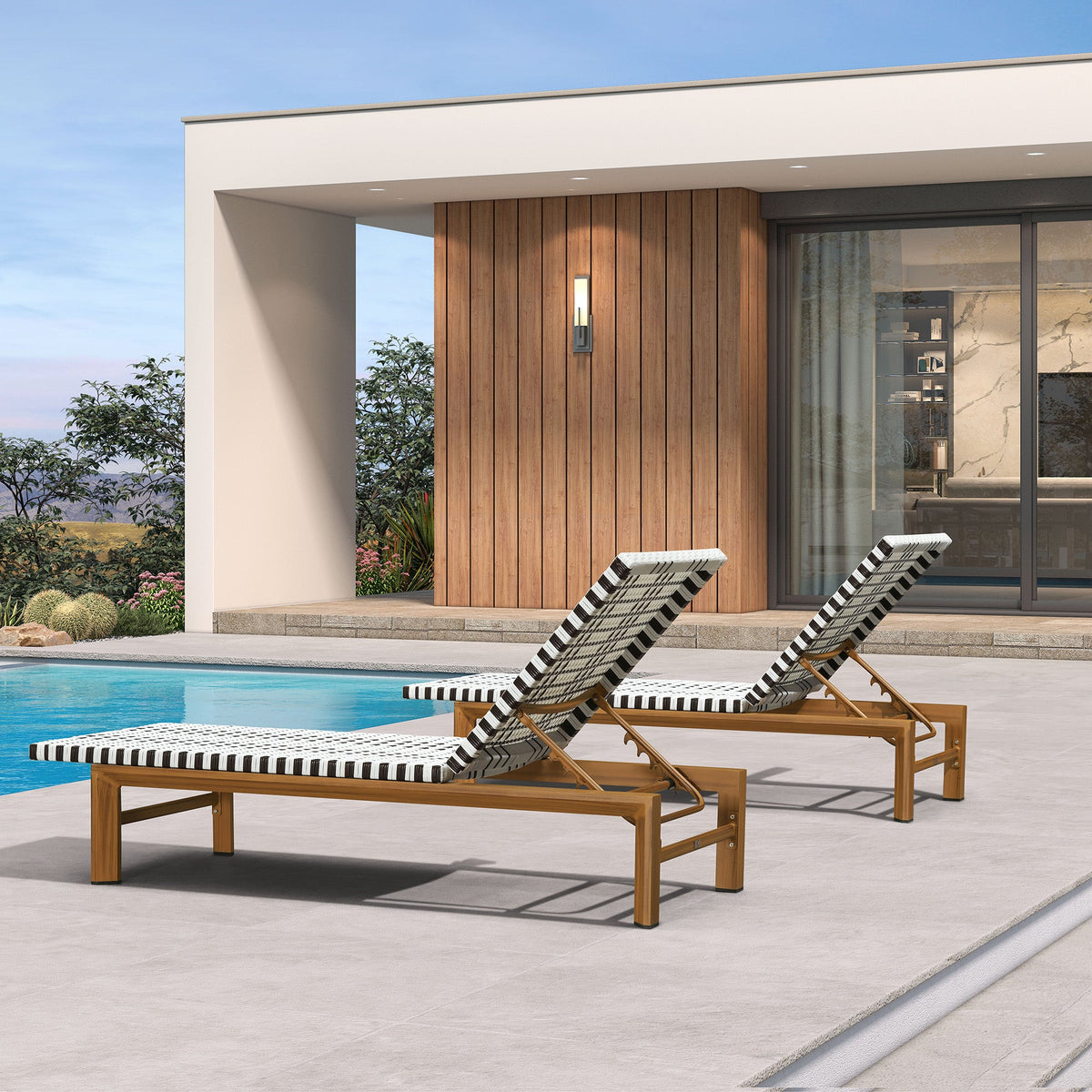 PURPLE LEAF Outdoor Teak Chaise Lounge Chair, Wood Grain Aluminum Outdoor Pool Lounge Chairs with Adjustable Backrest, Breathable Recliner for Patio, Poolside, Garden