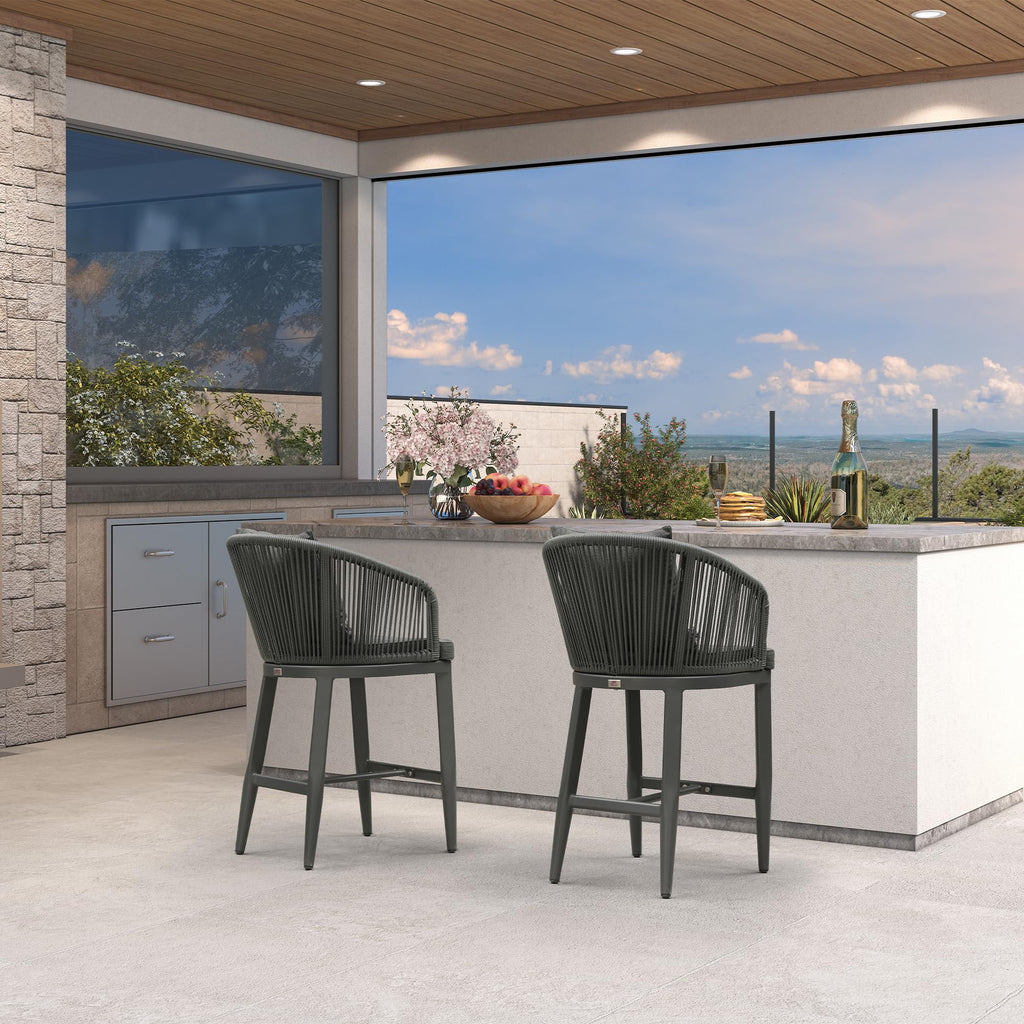 PURPLE LEAF Outdoor Bar Stools Patio Modern Aluminum Rattan High Back & Arms Bar Chairs with Removable Cushions and Pillows  for Outdoor or Indoor