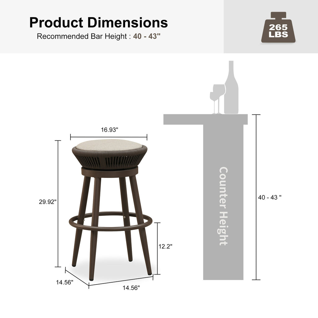 PURPLE LEAF Outdoor Swivel Bar Stools Set of 2 Metal Modern Rattan Bar Chairs with Backrest Aluminum Woven Barstools with Cushions