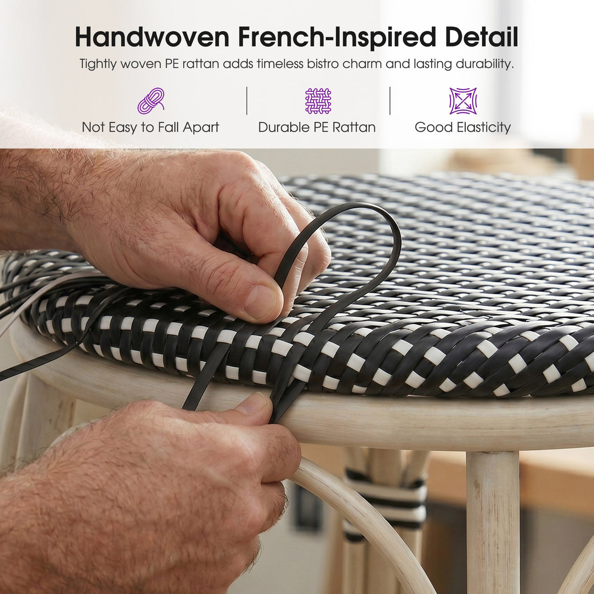 PURPLE LEAF Patio French Round Counter Stool Set of 2 Rattan Backless Stackable Barstools Aluminum Frame Footrest with Woven Wicker for Outdoor Kitchen Yard