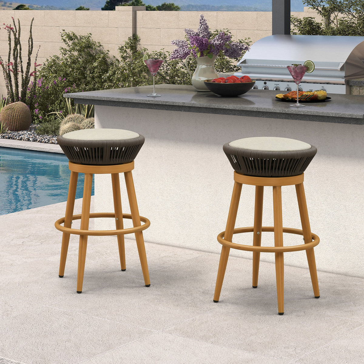PURPLE LEAF Outdoor Swivel Bar Stools Set of 2 Metal Modern Rattan Bar Chairs with Backrest Aluminum Woven Barstools with Cushions