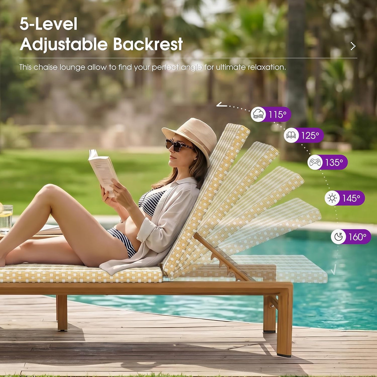 PURPLE LEAF Outdoor Teak Chaise Lounge Chair, Wood Grain Aluminum Outdoor Pool Lounge Chairs with Adjustable Backrest, Breathable Recliner for Patio, Poolside, Garden