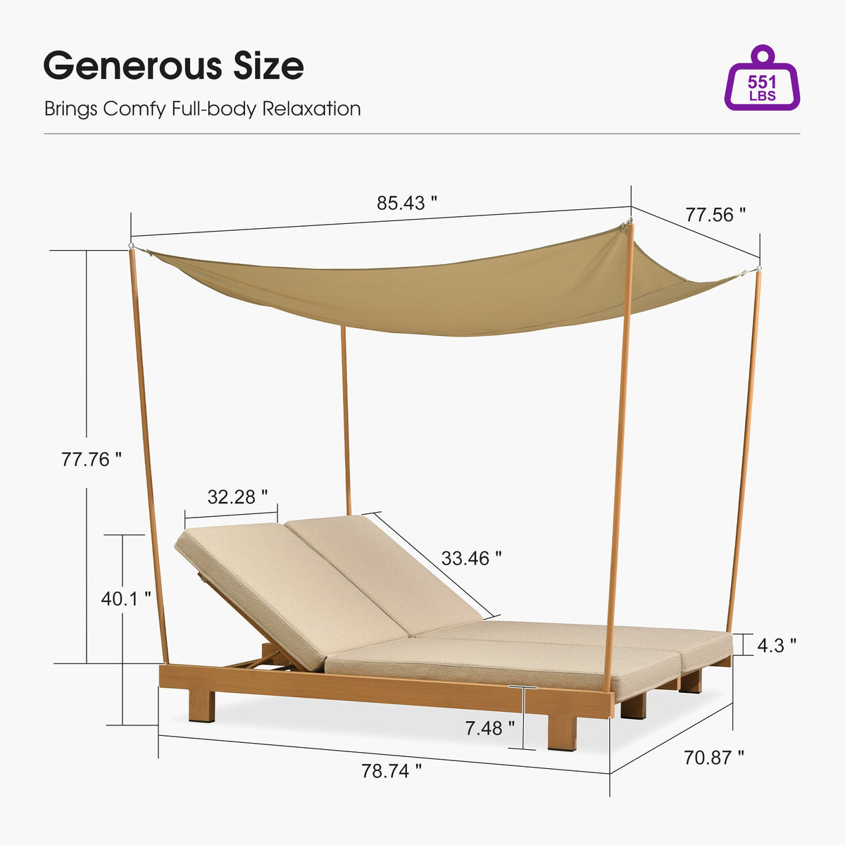PURPLE LEAF Outdoor Luxury Daybed for Patio,  Poolside Chaise Lounge Bed with Cushion, Olefin Blend Fabric, Aluminum Frame Sunbed for Deck and Backyard