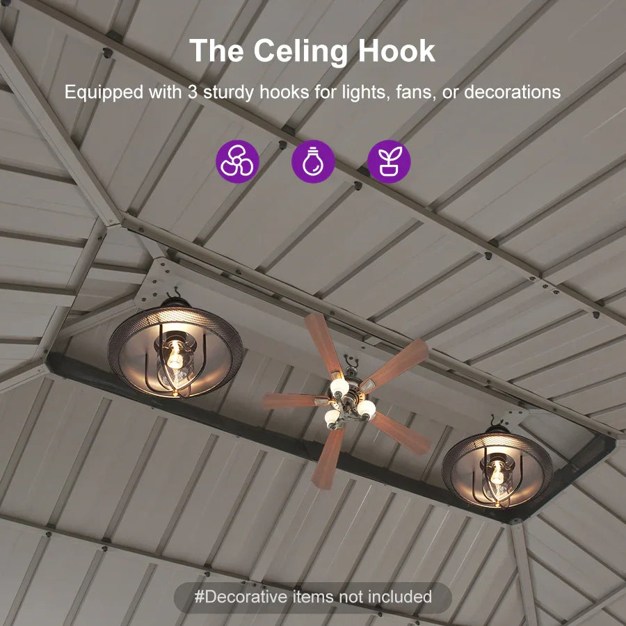 PURPLE LEAF Deck Gazebo Champagne Hardtop Metal Frame Double Roof with Curtains and Netting with Lights-milky