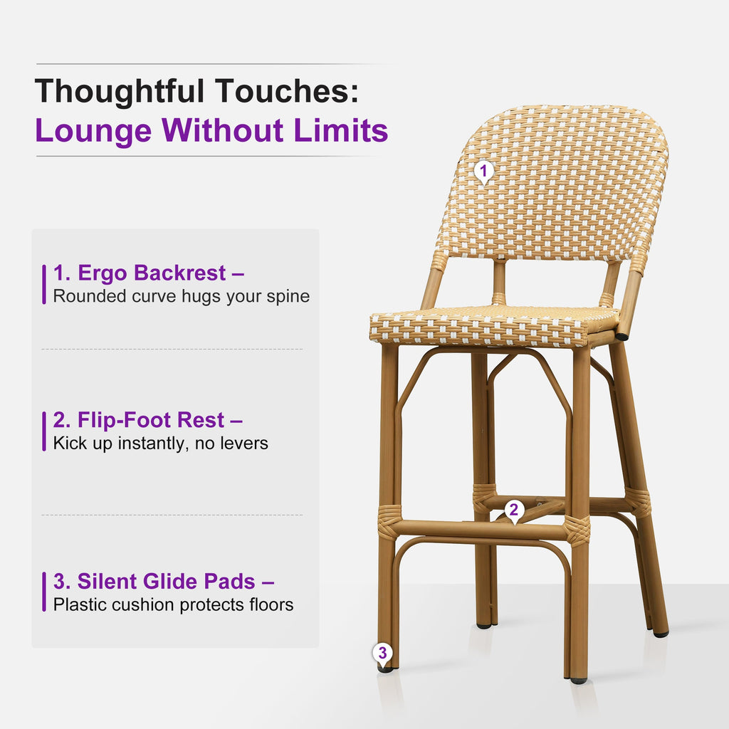 PURPLE LEAF Outdoor Bar Height Stools Set of 2 French Country Patio Rattan Bar Stool Chairs Outdoor Armless Barstools for Porch Garden Indoor Kitchen