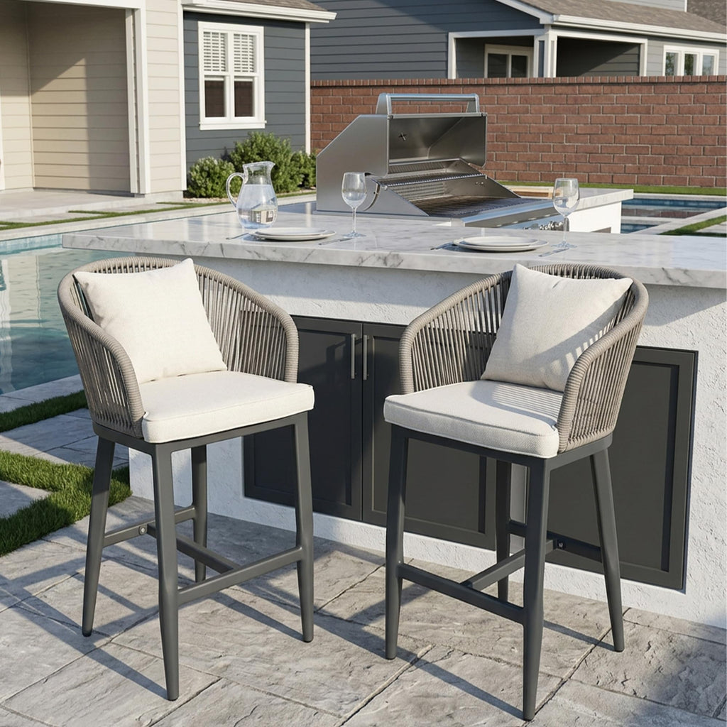 PURPLE LEAF Outdoor Bar Stools Patio Modern Aluminum Rattan High Back & Arms Bar Chairs with Removable Cushions and Pillows  for Outdoor or Indoor
