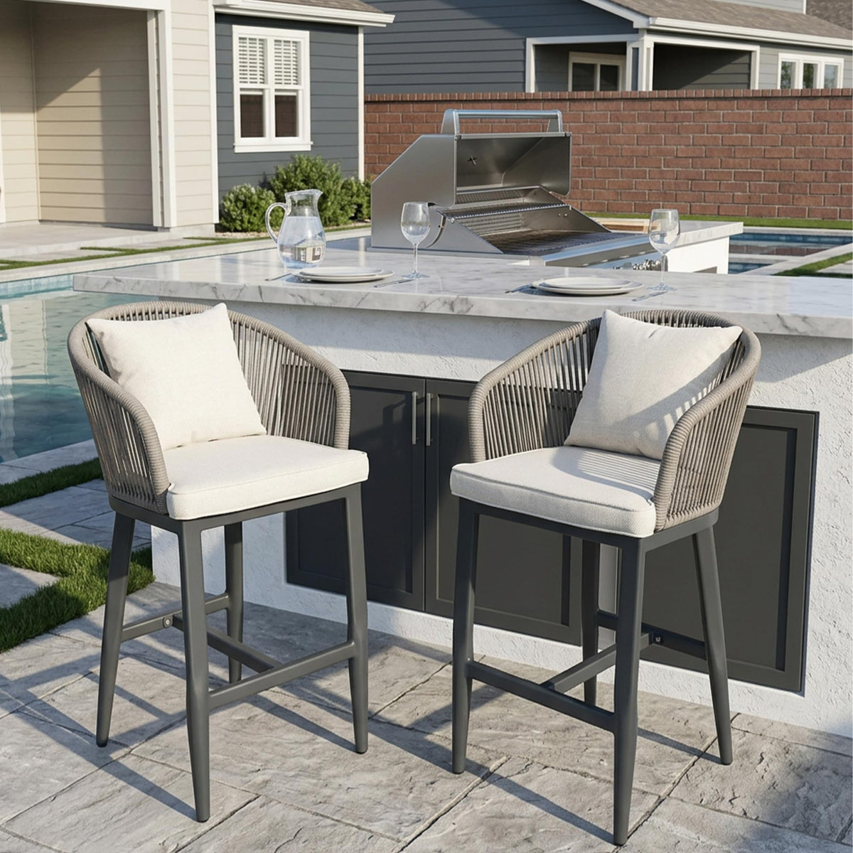 PURPLE LEAF Outdoor Bar Stools Patio Modern Aluminum Rattan High Back & Arms Bar Chairs with Removable Cushions and Pillows  for Outdoor or Indoor