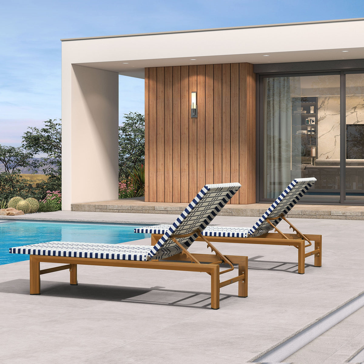 PURPLE LEAF Outdoor Teak Chaise Lounge Chair, Wood Grain Aluminum Outdoor Pool Lounge Chairs with Adjustable Backrest, Breathable Recliner for Patio, Poolside, Garden