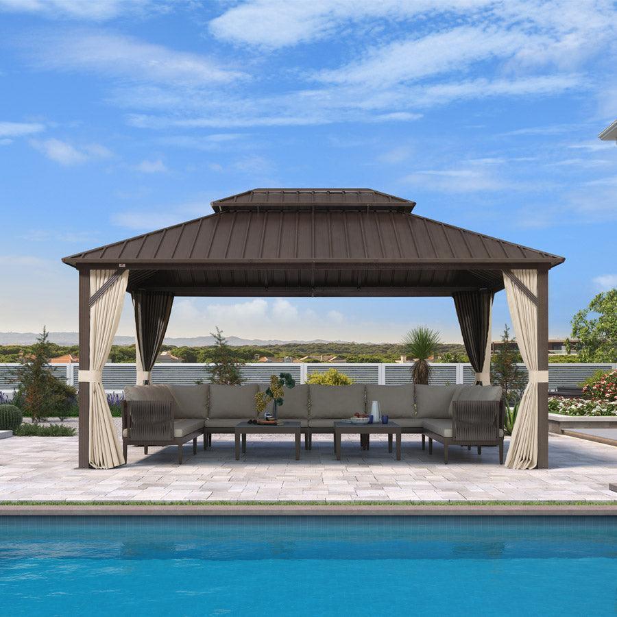 PURPLE LEAF Hardtop Gazebo Featuring Galvanized Steel Double Roof and Bronze Aluminum Frame with Curtains and Netting for Patio and Poolside