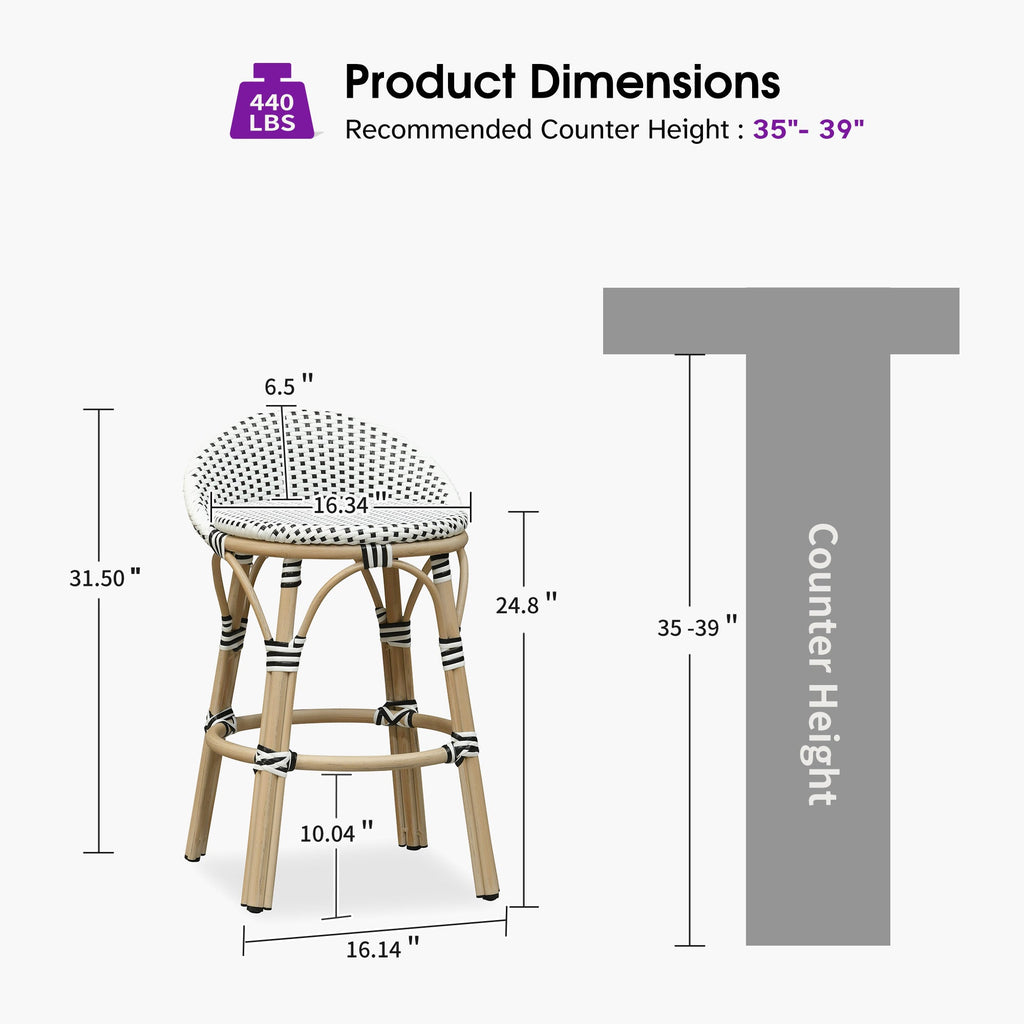 PURPLE LEAF Patio Oversized Backrest Bar Height Stool Set of 2 Outdoor Round Barstools Aluminum Frame Woven Rattan for Indoor Kitchen Dining Bistros Cafe Restaurant