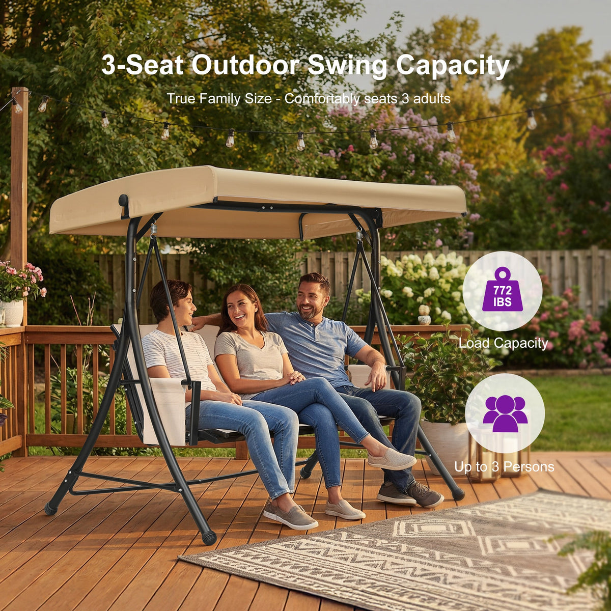 PURPLE LEAF Porch Swing with Adjustable Tilt Canopy Patio Swing with Stand and Meatl Steel Frame All-Weather Outdoor Swing Chair Seat Space-Saving for Backyard Garden Deck