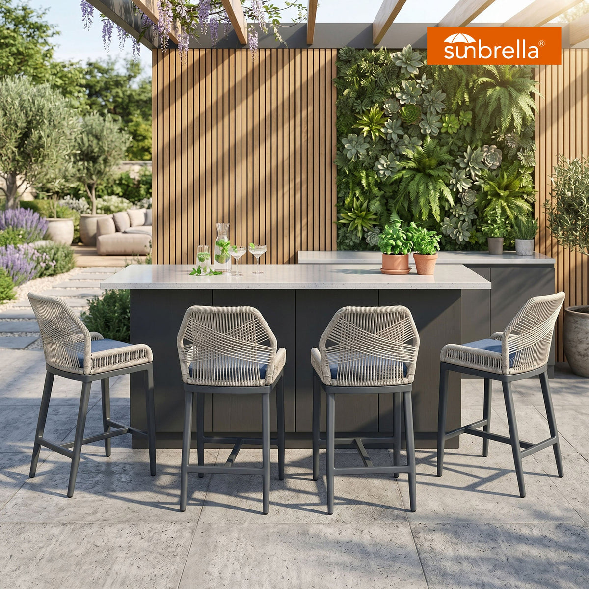 PURPLE LEAF Patio Sunbrella Bar Stools Set of 2  Rattan Bar Aluminum Bar Stool Outdoor Barstools with Back and Cushion for Garden Kitchen Island