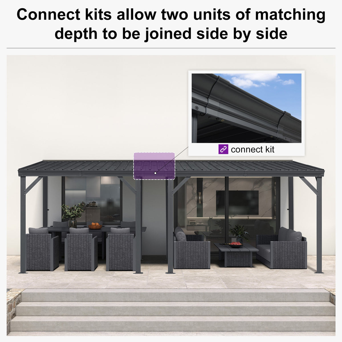 PURPLE LEAF Lean to Gazebo Metal Roof Patio Cover Built-in Drain Slots Wall Mounted Gazebo for Outdoor Extension