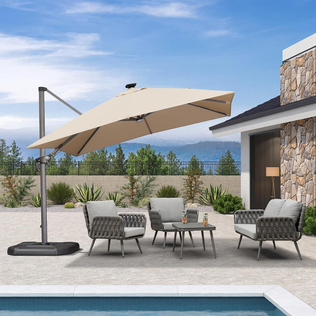 PURPLE LEAF – Parasol de terrasse déporté 10ft avec éclairage LED, rotation 360° et inclinaison