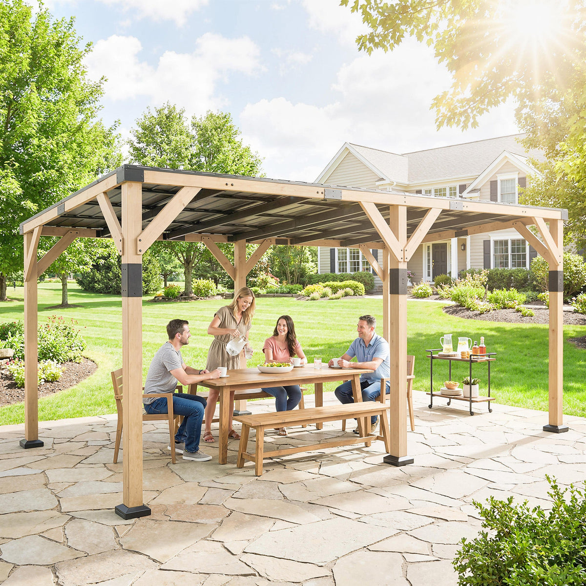 PerArbor 10' x 20' Wooden Lean-to Gazebo with Galvanized Steel Sloped Roof, Light Walnut