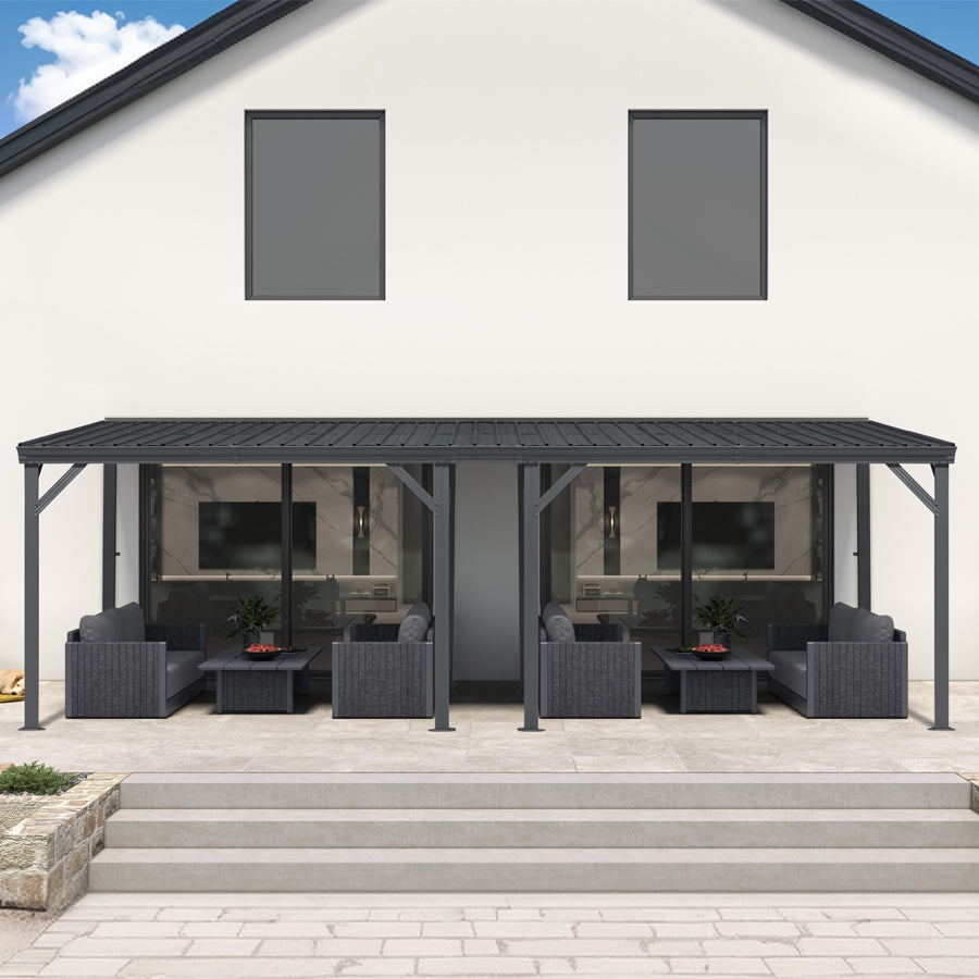 PURPLE LEAF Lean to Gazebo Metal Roof Patio Cover Built-in Drain Slots Wall Mounted Gazebo for Outdoor Extension