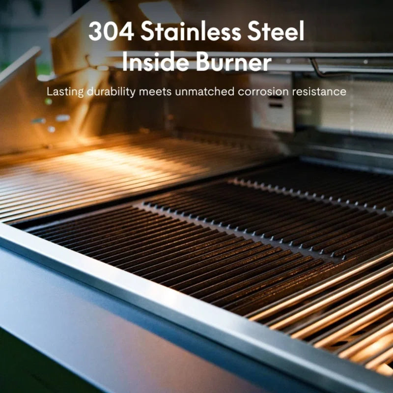 Akoah – Ensemble îlot de cuisine extérieure modulaire 4 pièces avec barbecue 8 brûleurs, réfrigérateur et roulettes