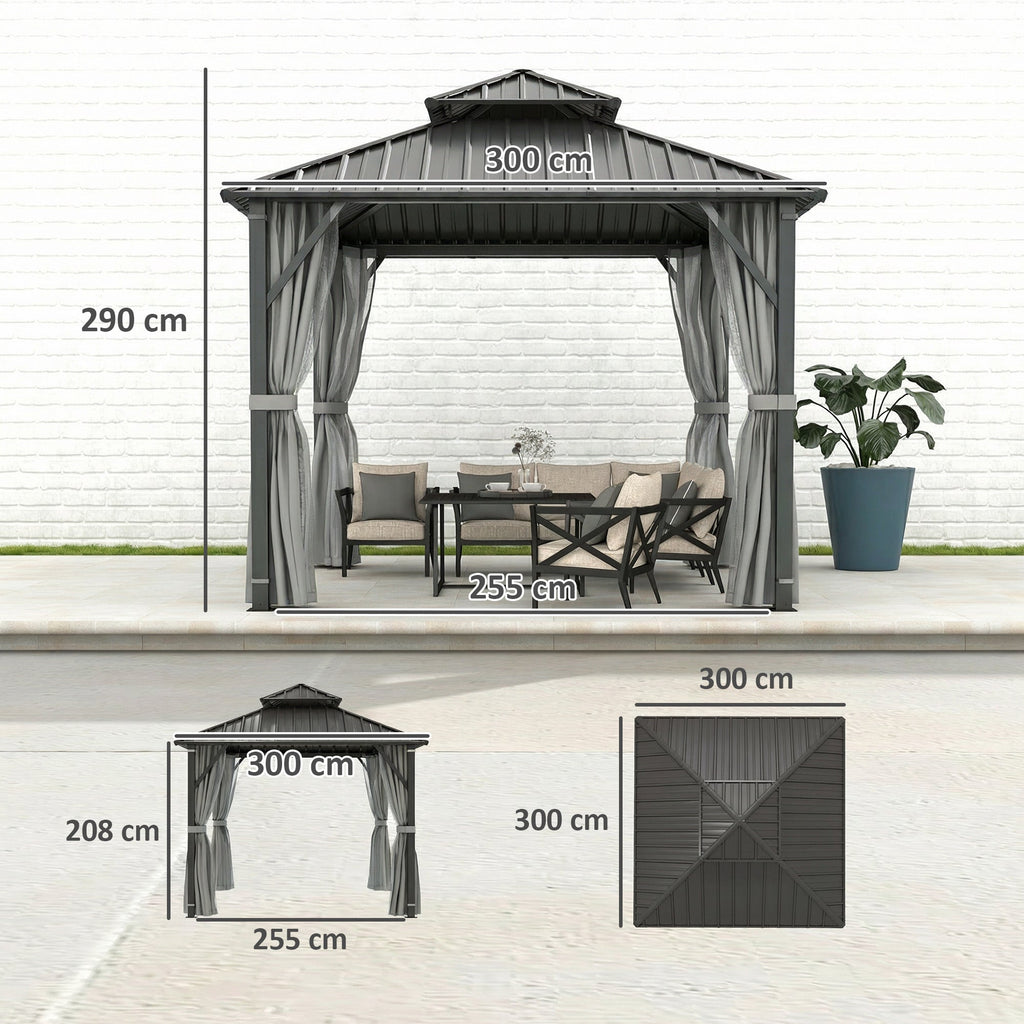3 x 3 m Hardtop Gazebo with Double Metal Roof, Netting & Curtains, Grey