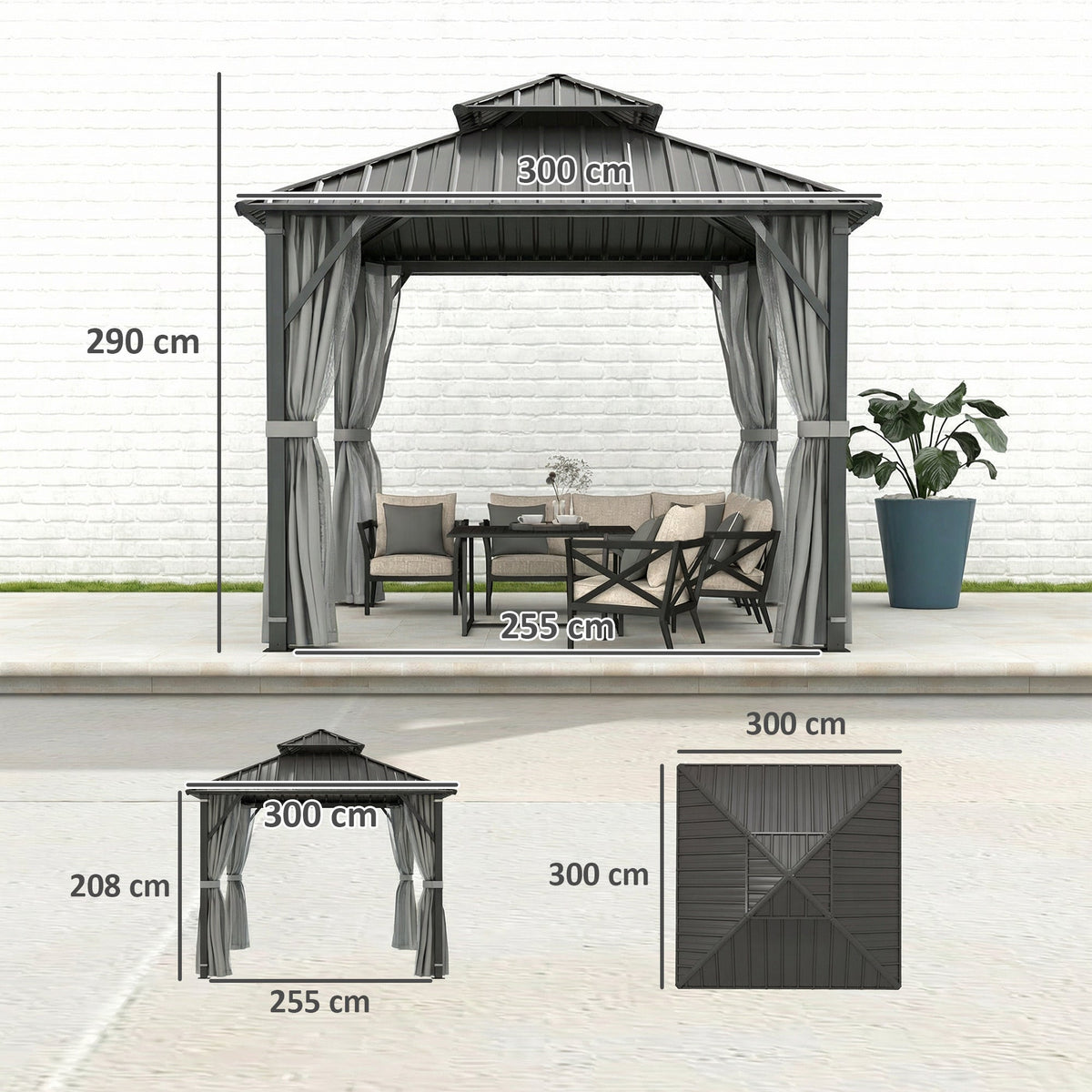 3 x 3 m Hardtop Gazebo with Double Metal Roof, Netting & Curtains, Grey