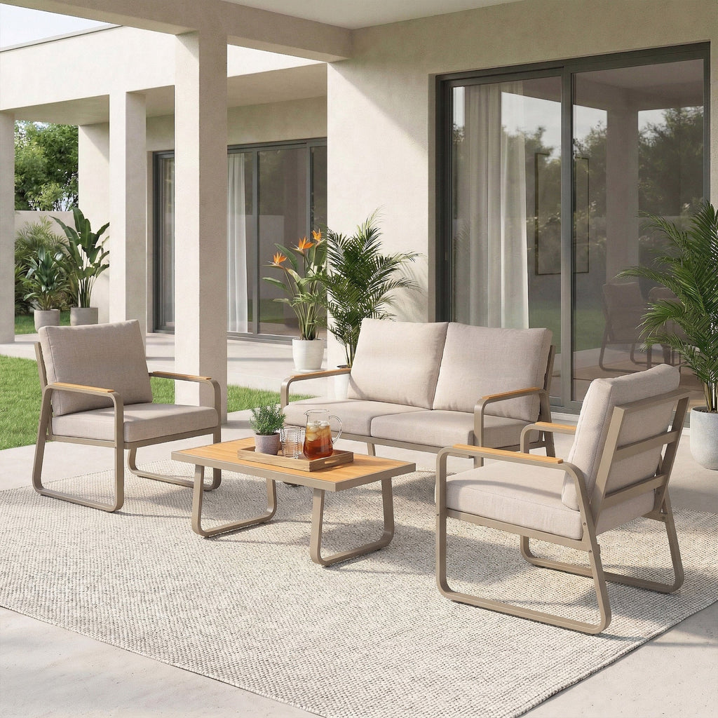 4-Piece Patio Set with Metal Frame and Cushions, Loveseat & 2 Chairs, Brown