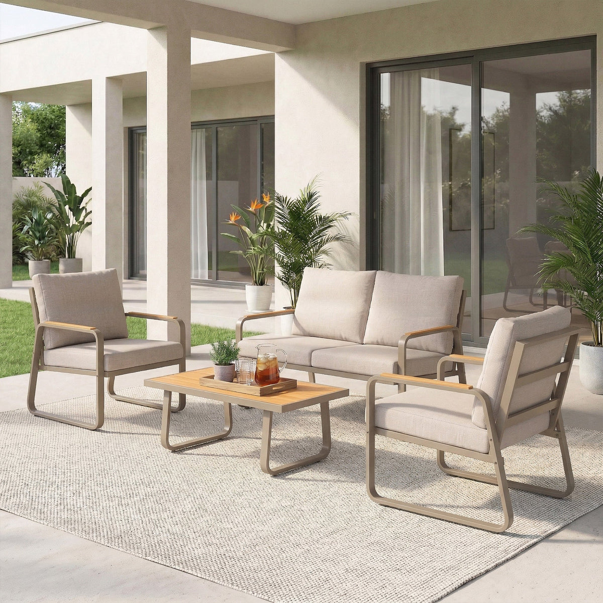 4-Piece Patio Set with Metal Frame and Cushions, Loveseat & 2 Chairs, Brown