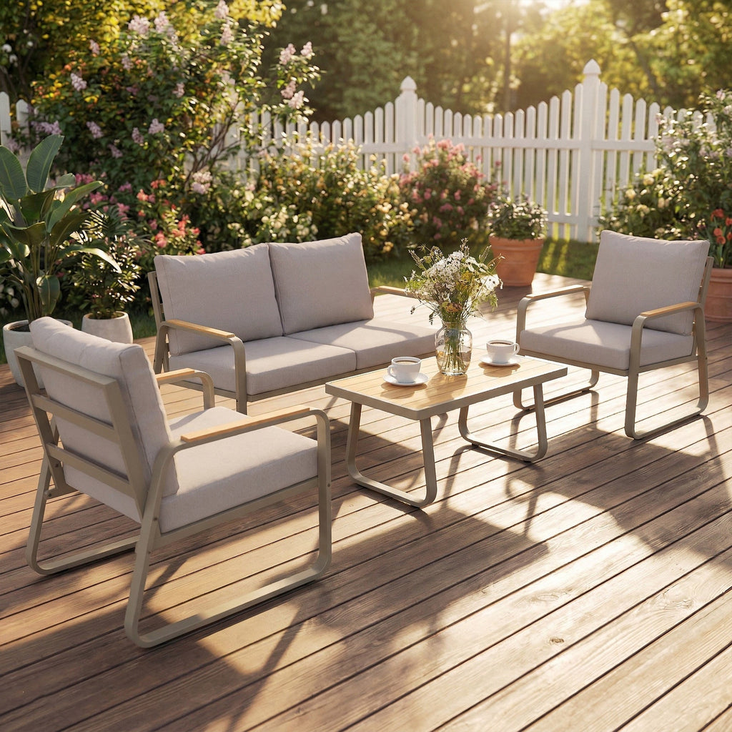 4-Piece Patio Set with Metal Frame and Cushions, Loveseat & 2 Chairs, Brown