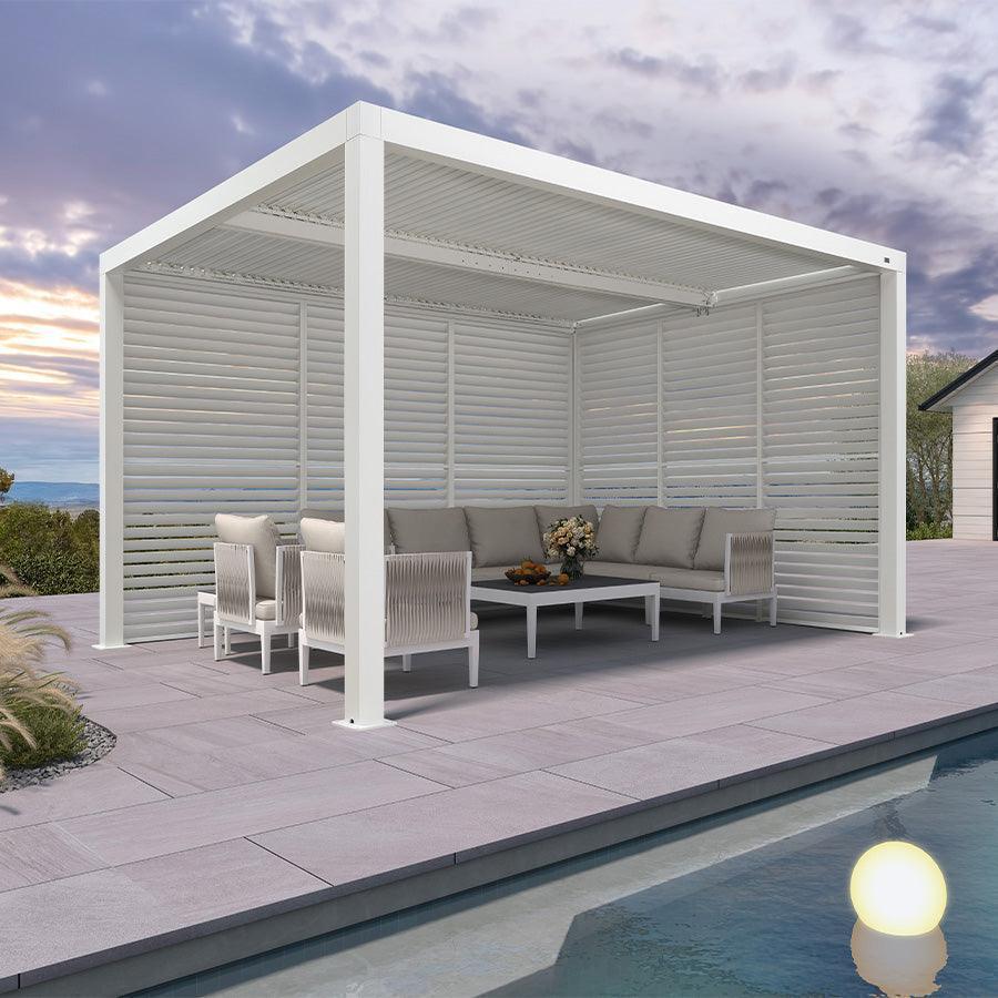 PURPLE LEAF Athena Louvered Pergola white Outdoor Aluminum Pergola with Shutter Wall Adjustable Gazebo Rainproof for Patio Deck Garden